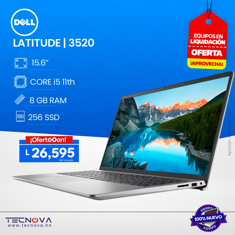 DELL/ Laptop Latitude 3520/ 15.6"/ Intel Core i5-1135G7/ 8GB de RAM/256GB SSD/  Windows 10 Pro/ 1 año de garantía.