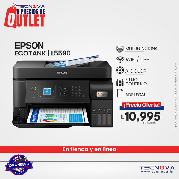 Epson Ecotank L5590 impresora multifuncional a color / Flujo continuo con pantalla LCD/ ADF Legal/ Escáner Impresora Fax y Copiadora/ USB WiFi y Ethernet