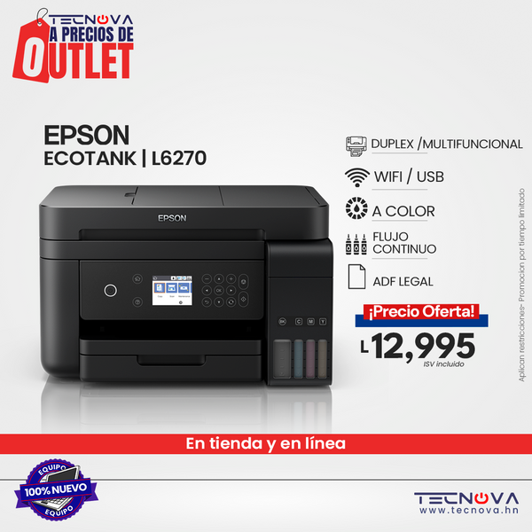 Epson EcoTank® L6270 Impresora a Color Multifuncional Copiadora, Impresora Flujo Continuo, Escáner con ADF, Pantalla 2.4", USB, WiFi y Ethernet.