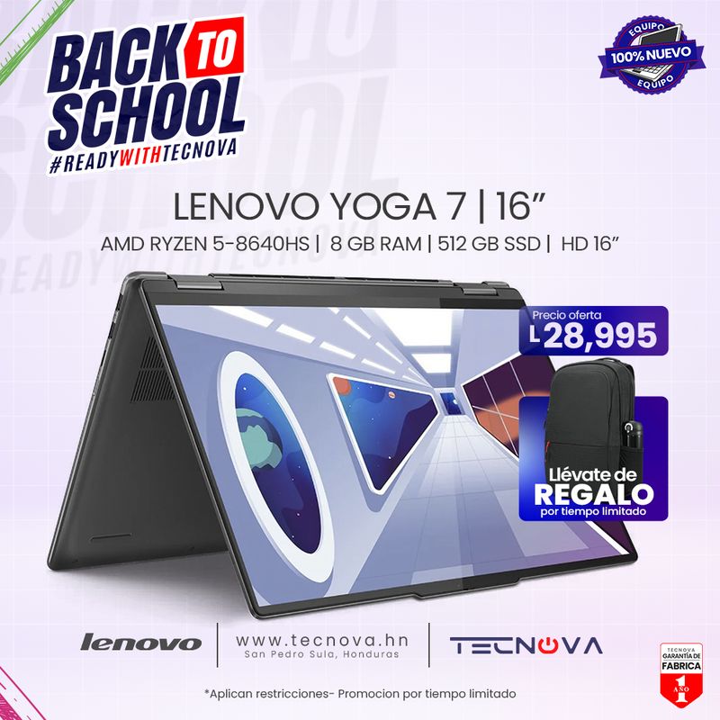 Lenovo Yoga 7i 2en1  AMD Ryzen 5 8640HS 16" 8GB RAM DDR5 1900x1200 Táctil 8GB RAM DDR5 512 SSD M.2 NVMe Windows 11 Home Color Plateado