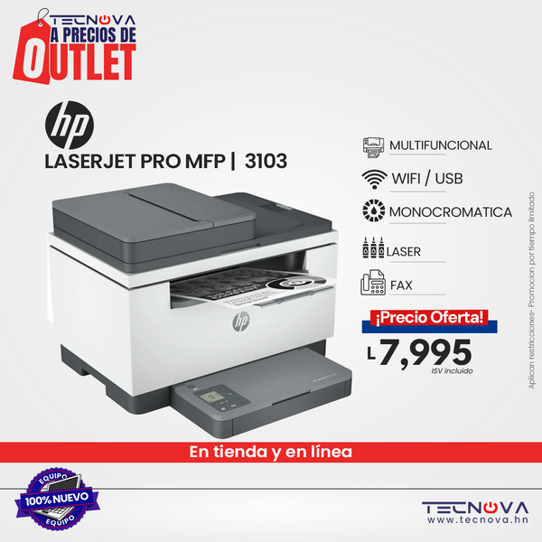 HP LaserJet Pro MFP 3103FDW/ Imprime, escanea, fax y copia/ 33PPM 512MB 110V (Monocromatica)