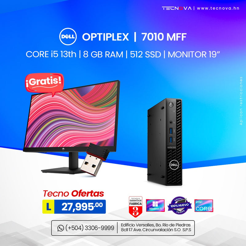 Dell/ Optiplex Micro 7010/ Intel Core i5-13500T/ 8GB RAM/ 512GB SSD/ WiFi/ Windows 11 Pro/ Monitor 19" /3 años de garantía