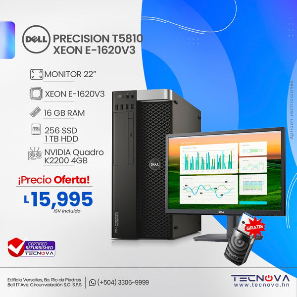 Dell/ Precision Xeon T5810/ Xeon E-1620V3/ 16GB RAM/ 256GB SSD + 1TB HDD/ NVIDIA QUADRO K2200 4GB/ Monitor 22"