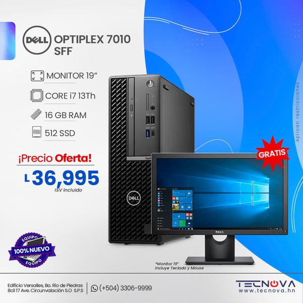 Dell/ OptiPlex 7010 SFF/ Intel Core i7-13700/ WIFI/ 16GB RAM/ 512GB SSD/ Windows 11 Pro/ 3 años de garantía/ Monitor 19"